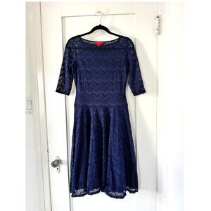 Signature by Sangria Navy Blue Lace Fit Flare Dress 3/4 Sleeve Boat Neck Size 6